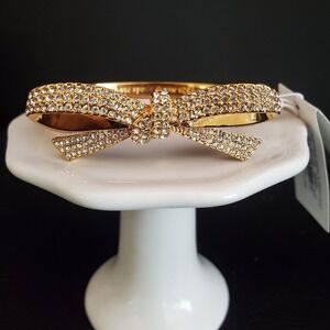 Kate Spade Finishing Touch Bow Hinged Bangle Gold Pave Crystal NWT and Pouch